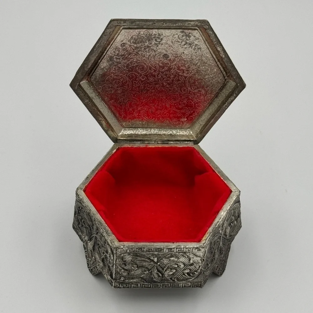 Vintage Farrington Footed Metal Hexagonal Shaped Trinket Box